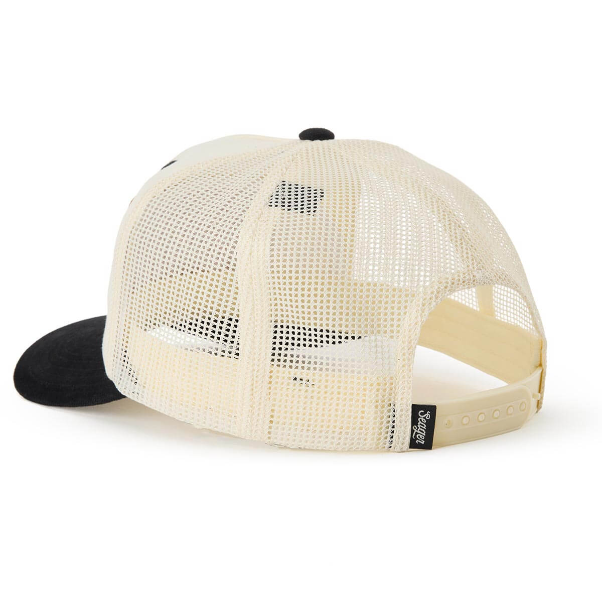 Beige mesh cap with black visor on a white background