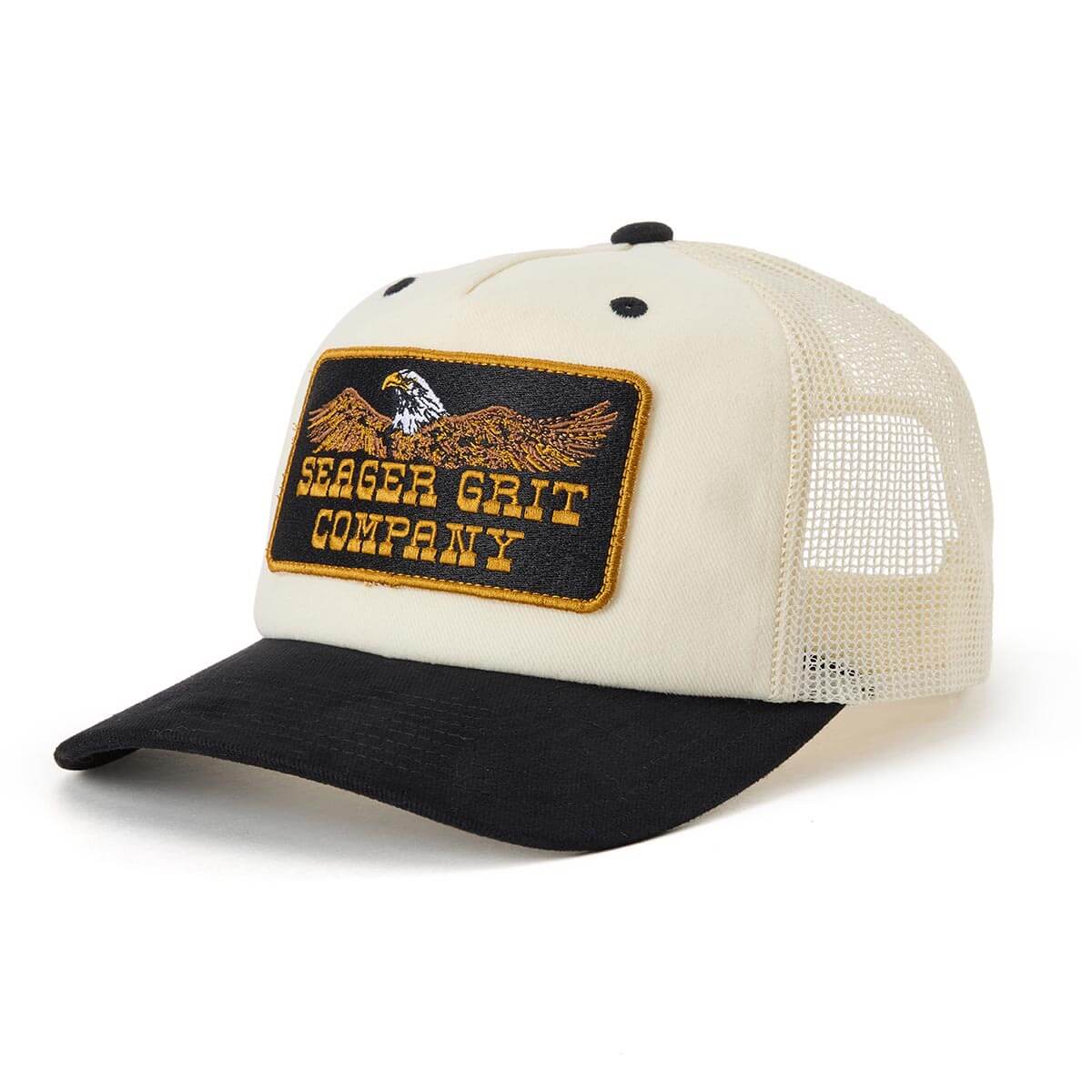 Trucker hat with Seager Grit Company patch on a white background