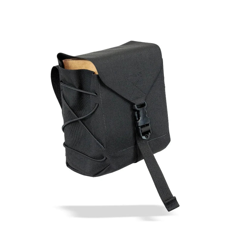 Black pouch with a strap and buckle closure on a white background