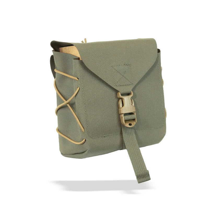 Green pouch with a strap and buckle attachment on a white background