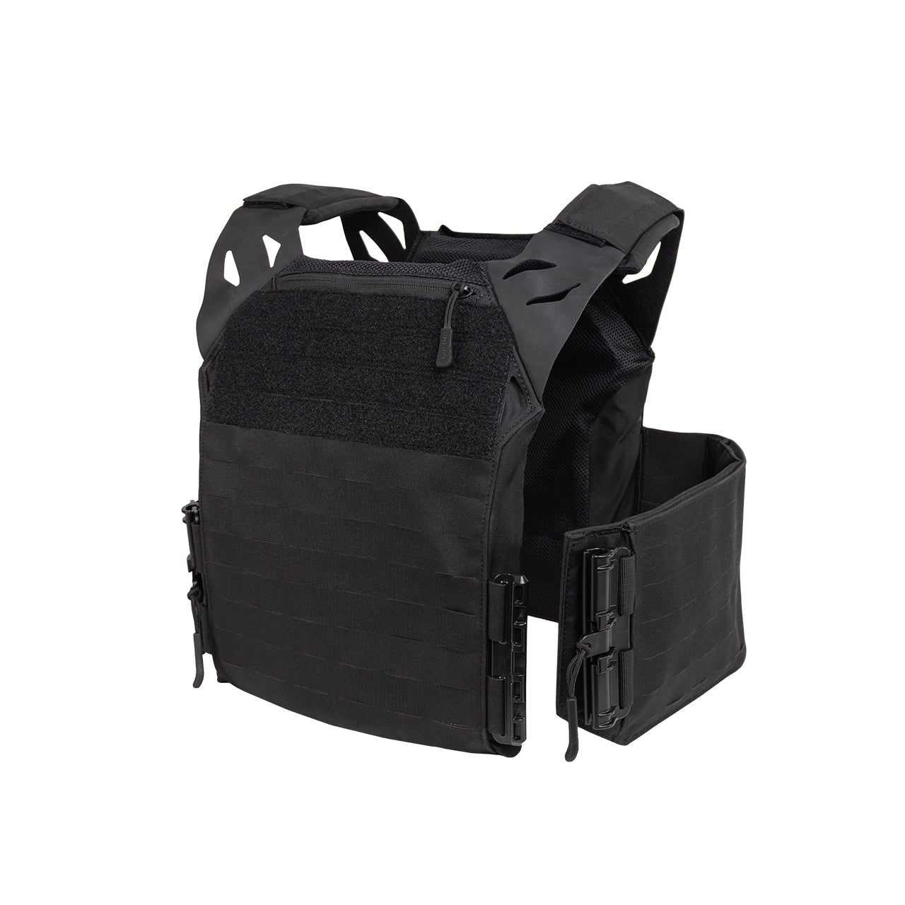 Three-quarter view of the Black Crest Enforcer Plate Carrier in Black with the FirstSpear Tubes system and cummerbund undone, showing how the rapid-release mechanism functions for fast donning and doffing. Highlights the LaserCut construction, OSFM chassis, and secure load-bearing design for users researching plate carrier quick-release systems, modular setup options, and modern tactical carrier engineering.
