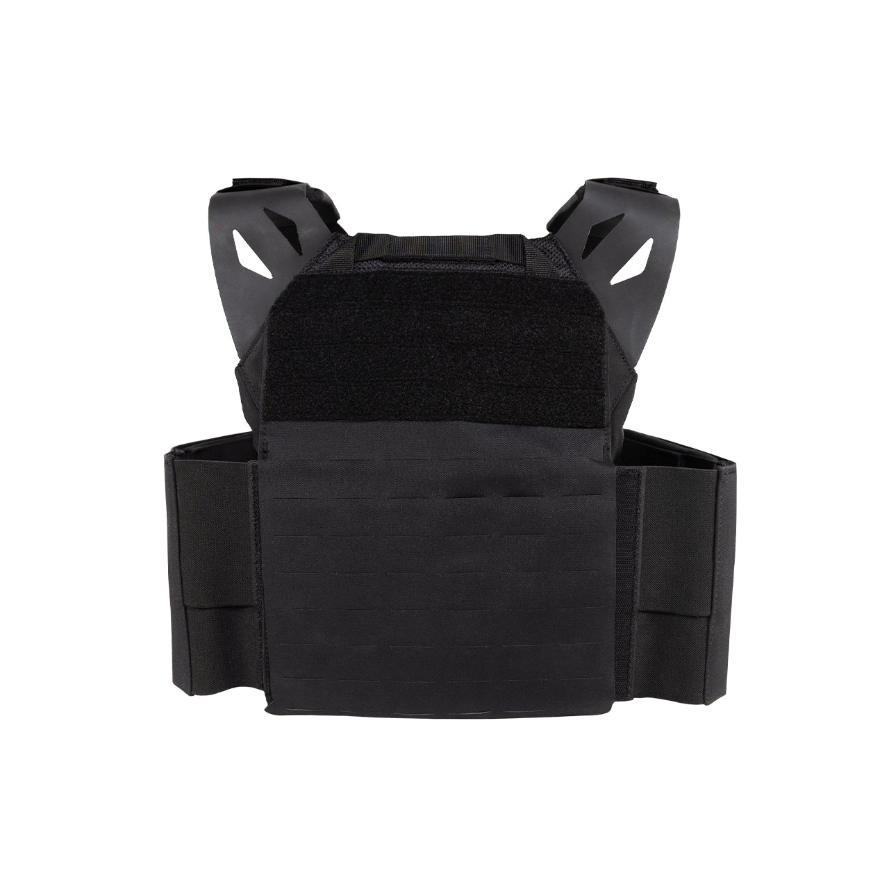 Back view of the Black Crest Enforcer Plate Carrier in Black showing the full MOLLE panel layout, reinforced drag handle, and rear loop field for ID or patch placement. Highlights the LaserCut construction, lightweight chassis, and FirstSpear-inspired design optimized for mounting pouches, hydration systems, and mission-specific loadouts. Ideal for users comparing modular plate carriers with durable rear attachment zones.