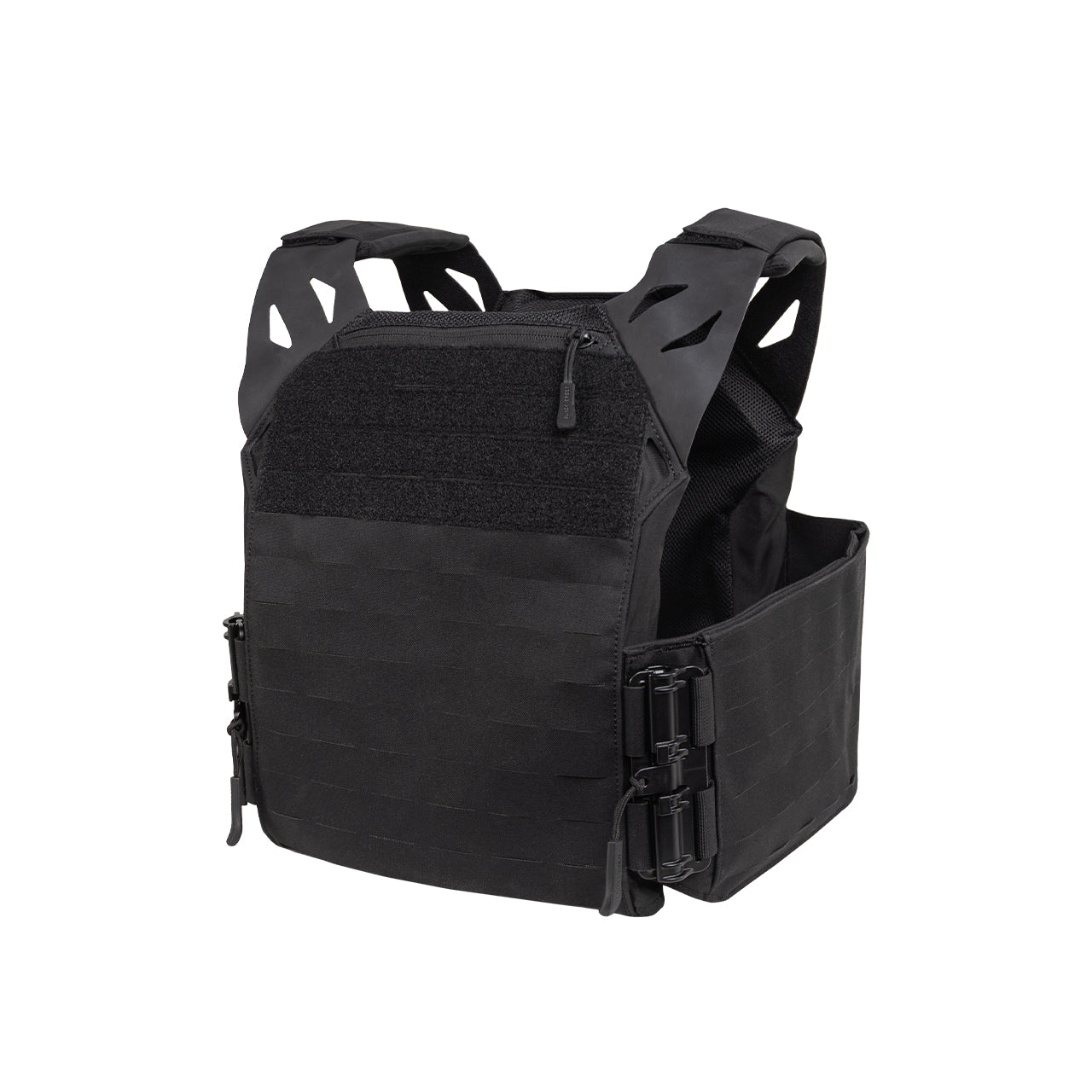 Product shot of the Black Crest Enforcer Plate Carrier in Black featuring LaserCut laminate panels, FirstSpear Tubes rapid-release system, and contoured low-profile shoulders. Highlights the streamlined OSFM chassis, included cummerbund, and lightweight high-strength construction. Ideal for users searching for a modern tactical plate carrier engineered for training, range work, and professional load-bearing performance.