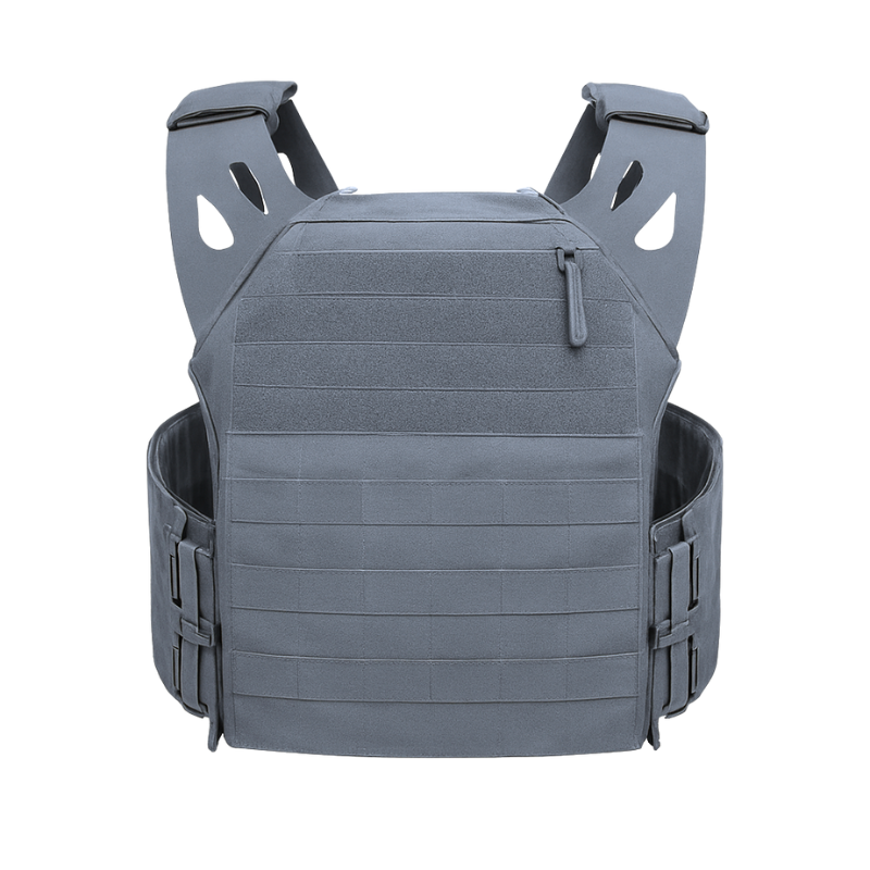 Product shot of the Black Crest Enforcer Plate Carrier in Grey showcasing the LaserCut laminate panels, FirstSpear Tubes quick-release system, and contoured shoulder design. Emphasizes the streamlined OSFM chassis, included cummerbund sizing options, and durable low-profile construction built for training, range sessions, and modern tactical loadouts.