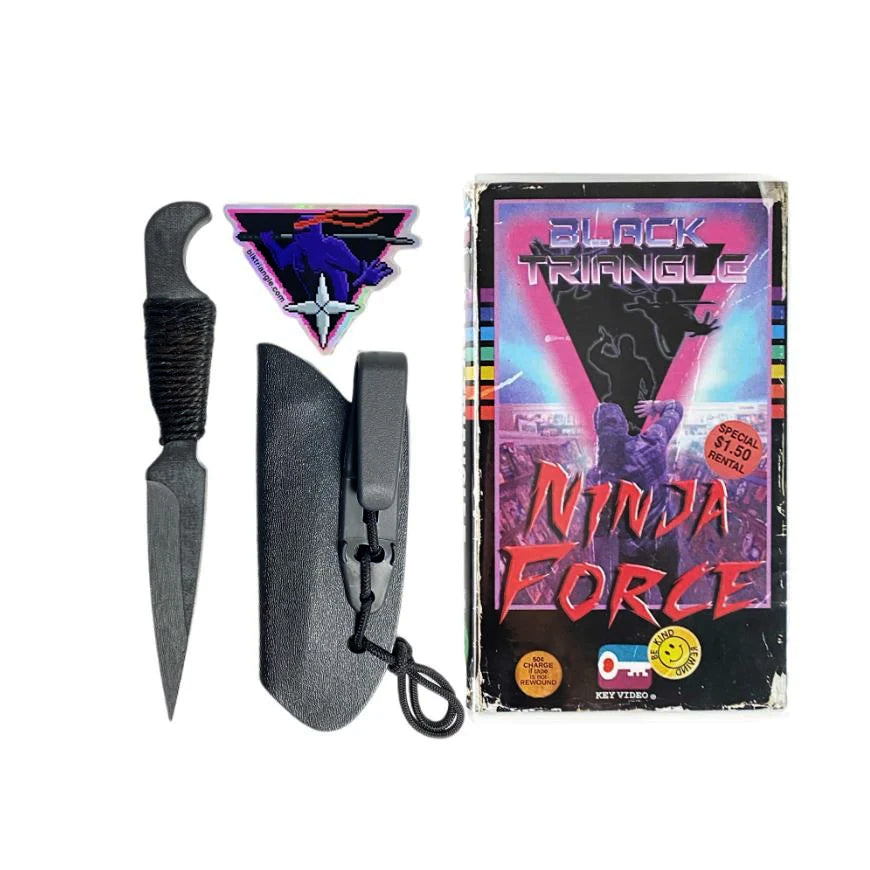 Black Triangle S4 G10 knife with hooked sheath, Raven Concealment IWB Overhook Strut, VHS case, and holographic Ninja Force sticker