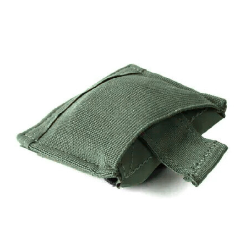 Ranger Green dump pouch mounted to belt, ideal for tactical use or lightweight carry setup