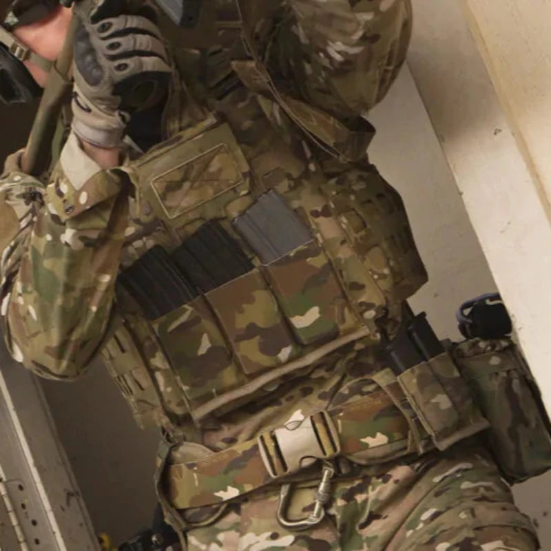 Blue Force Gear Ten-Speed® Double Pistol Mag Pouch mounted on tactical belt | Low-profile MOLLE mag pouch with Helium Whisper® attachment for fast, secure access