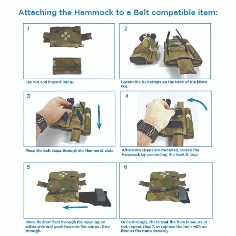 Instructional graphic illustrating proper attachment and integration of the Blue Force Gear The Hammock with MOLLE-based tactical gear systems.