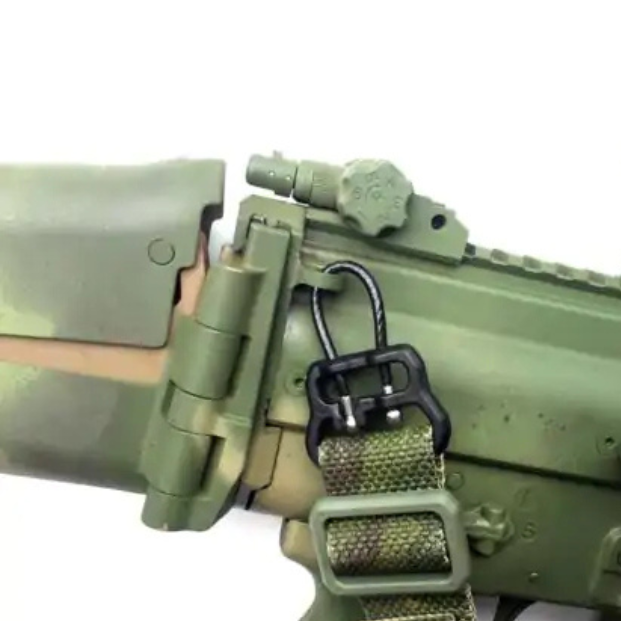 Blue Force Gear ULoop attached to a rifle stock sling point, providing a secure and silent connection for two-point sling setups.