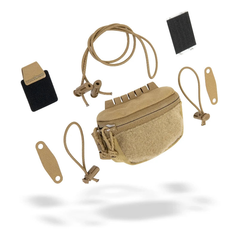 coyote brown helmet pouch with accessories on a white background