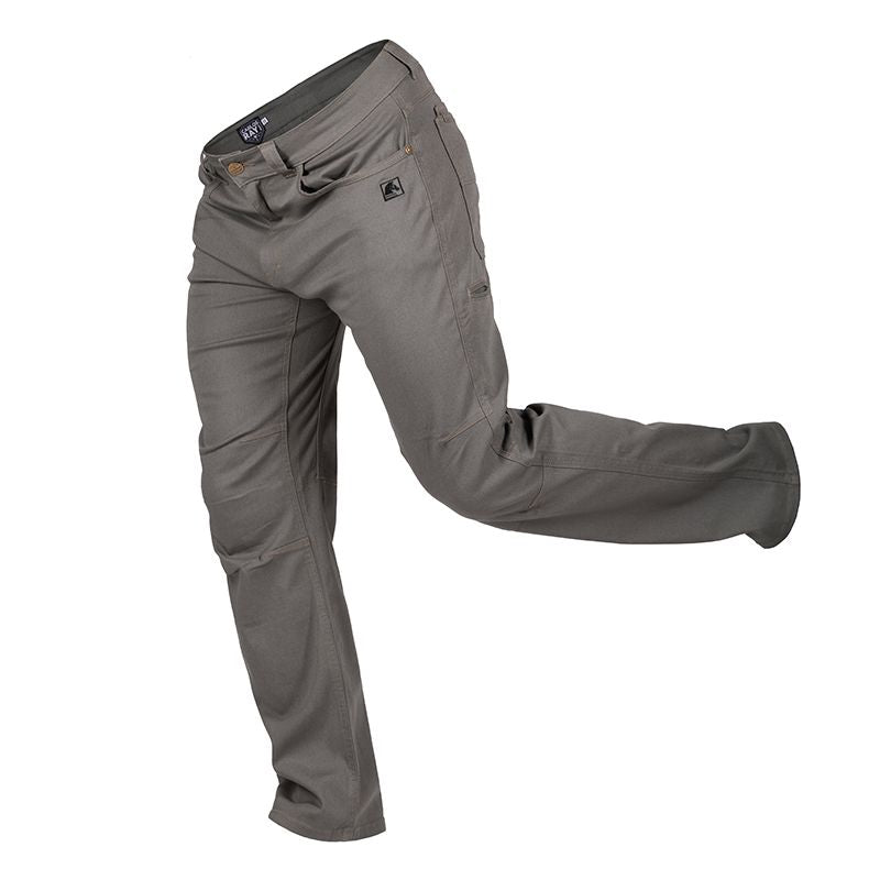 Action view of Carlos Ray 2.1 TAA Tactical EDC Pants in Dark Urban Grey showing flexible 4-way stretch cotton twill fabric, articulated knees, and gusseted crotch for full mobility in tactical and everyday carry scenarios