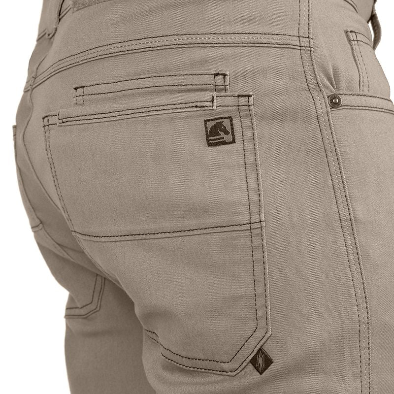 Close-up of the back pocket on Carlos Ray 2.1 TAA Tactical EDC Pants in Flat Dark Earth showing reinforced stitching, bar tacks, and triple-needle construction for secure storage and tactical durability