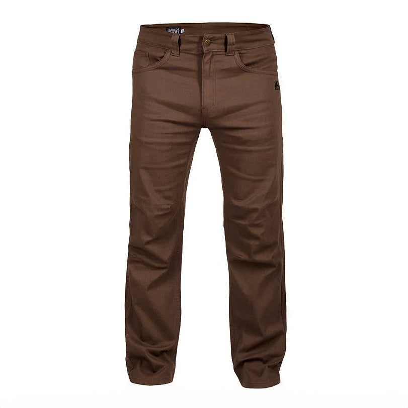 Front view of the Carlos Ray Tactical Pants in Bison showing the 4 way stretch fabric, articulated knees, tactical mag pockets, and reinforced front pocketing built for the best tactical pants experience for EDC, range days, CCW, and hiking.