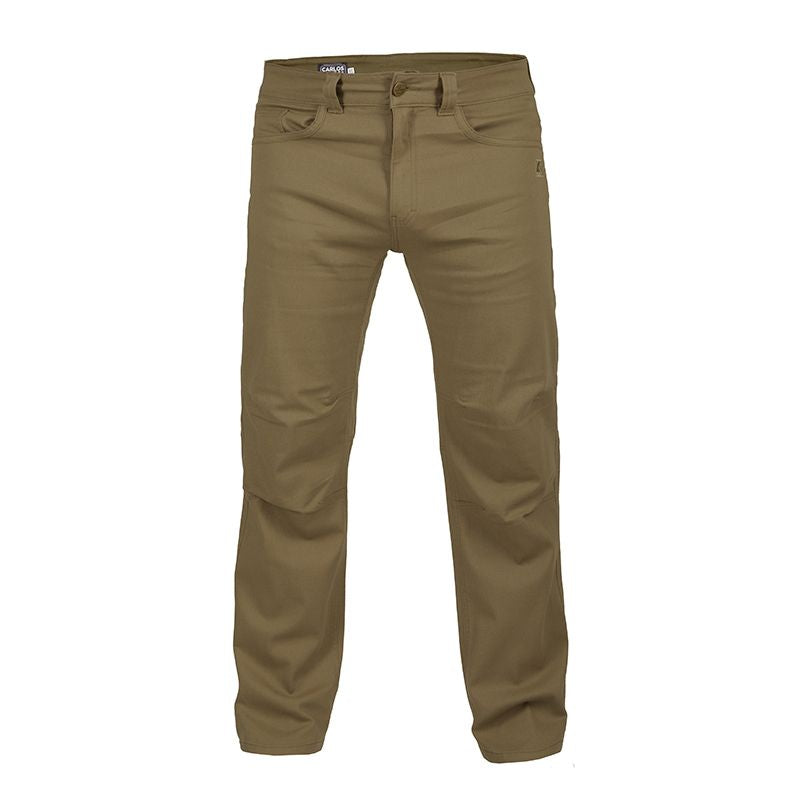 Front view of the Carlos Ray Tactical Pants in Dark Desert Sand showing the 4 way stretch construction, reinforced pockets, mag pockets, and articulated knees designed for EDC, concealed carry, range use, hiking, and all day comfort.