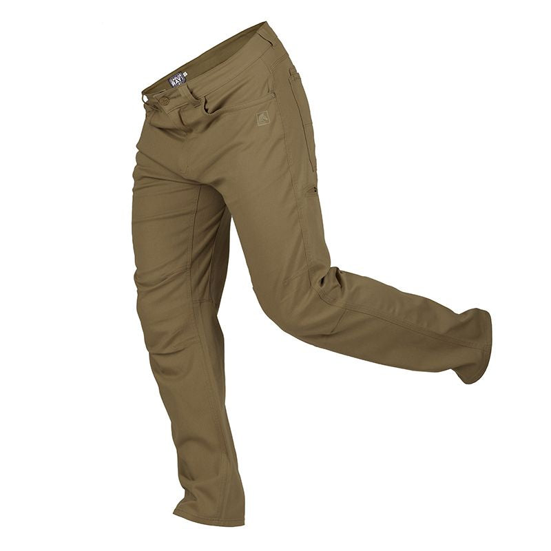 Side view of the Carlos Ray Tactical Pants in Dark Desert Sand being stretched to show mobility, highlighting the gusseted crotch, 4 way stretch fabric, thigh mag pockets, and high performance design for EDC, CCW, range training, and tactical wear.