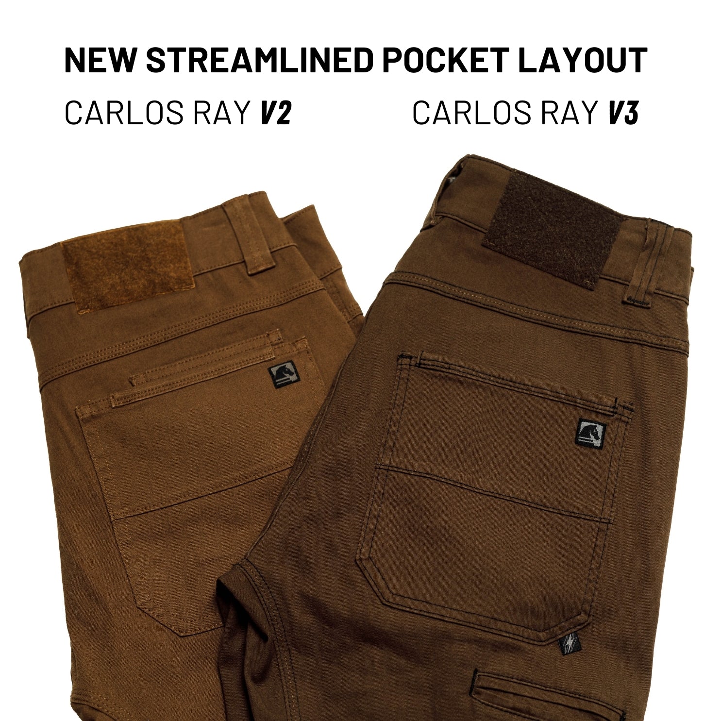Comparison graphic showing the difference between the Carlos Ray V2 and V3 back pocket layouts, highlighting the improved streamlined pocket shape, reinforced construction, and enhanced accessibility featured in the V3 tactical pants update.