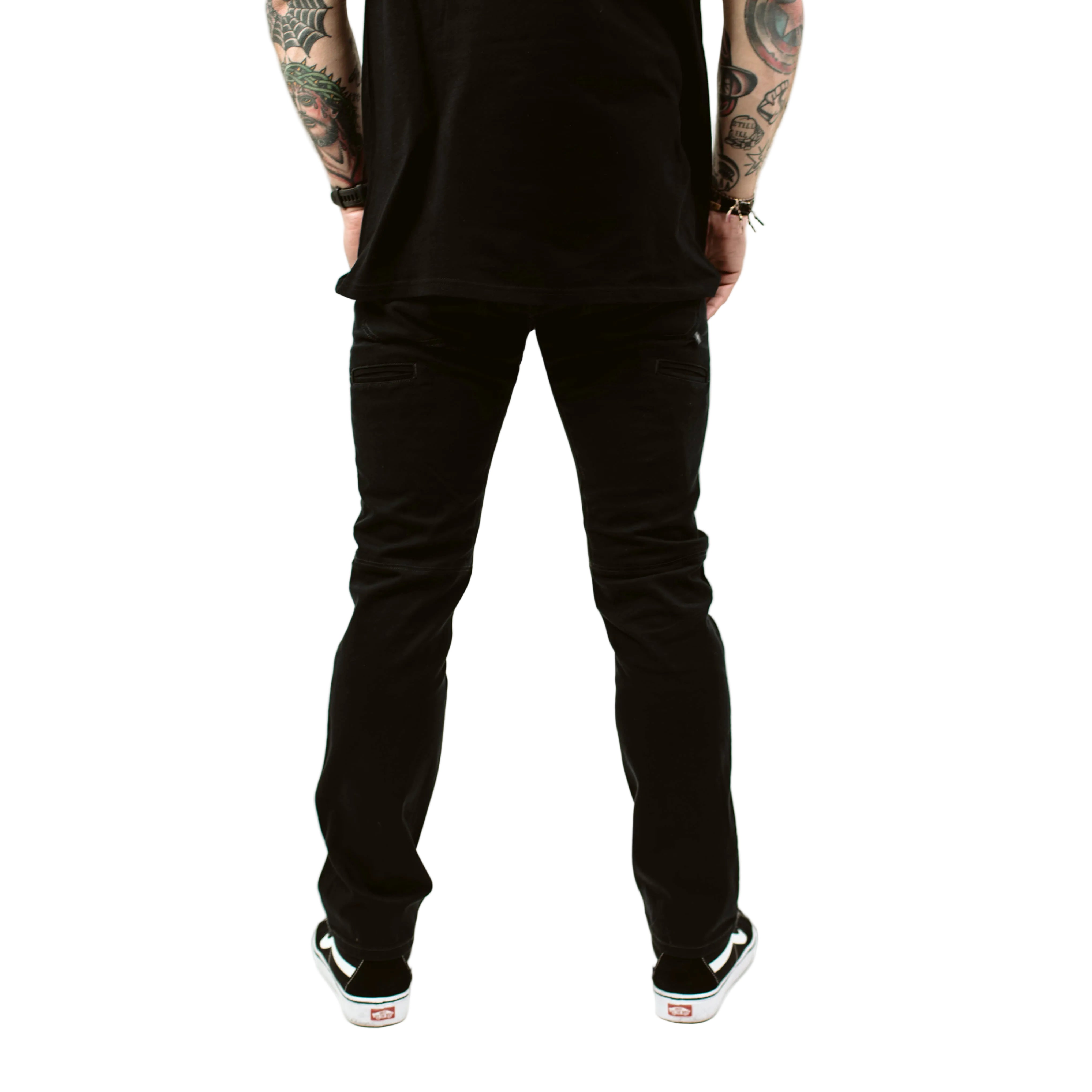 Back product shot of the Carlos Ray V3 Tactical Pants in Black shown in Slim Fit, highlighting the streamlined rear pocket layout, reinforced stitching, dyed-to-match loop patch, and hidden handcuff key pocket inside the waistband. This top-rated tactical pant is also available in Regular Fit for those preferring a more relaxed silhouette.