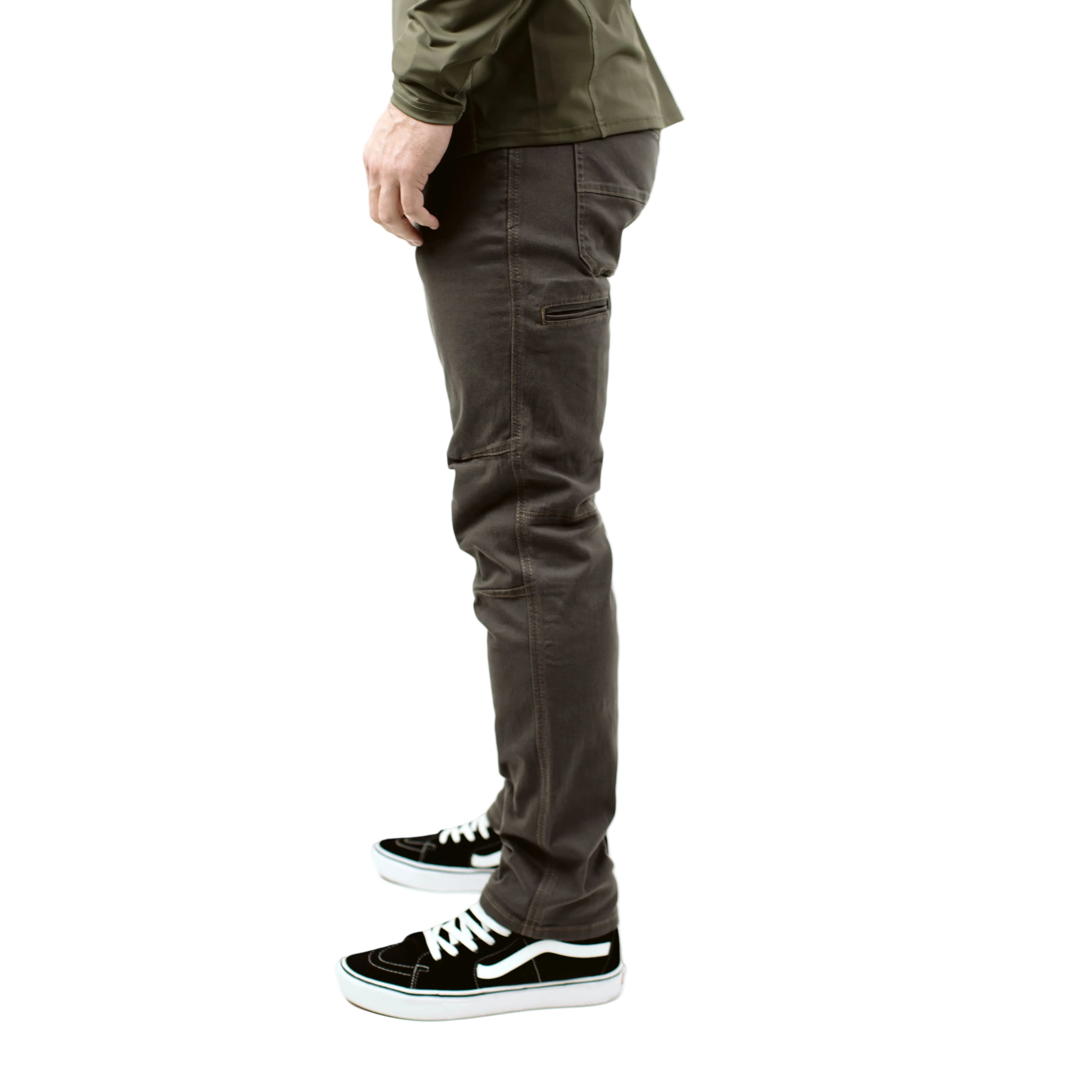 Side product view of the Carlos Ray V3 Tactical Pants in Gunmetal Slim Fit, highlighting the tapered leg profile, articulated knees, gusseted crotch, and reinforced pocket design. Made from durable 4-way stretch twill for all-day comfort and mobility. Also offered in Regular Fit for users who prefer a roomier tactical pant.