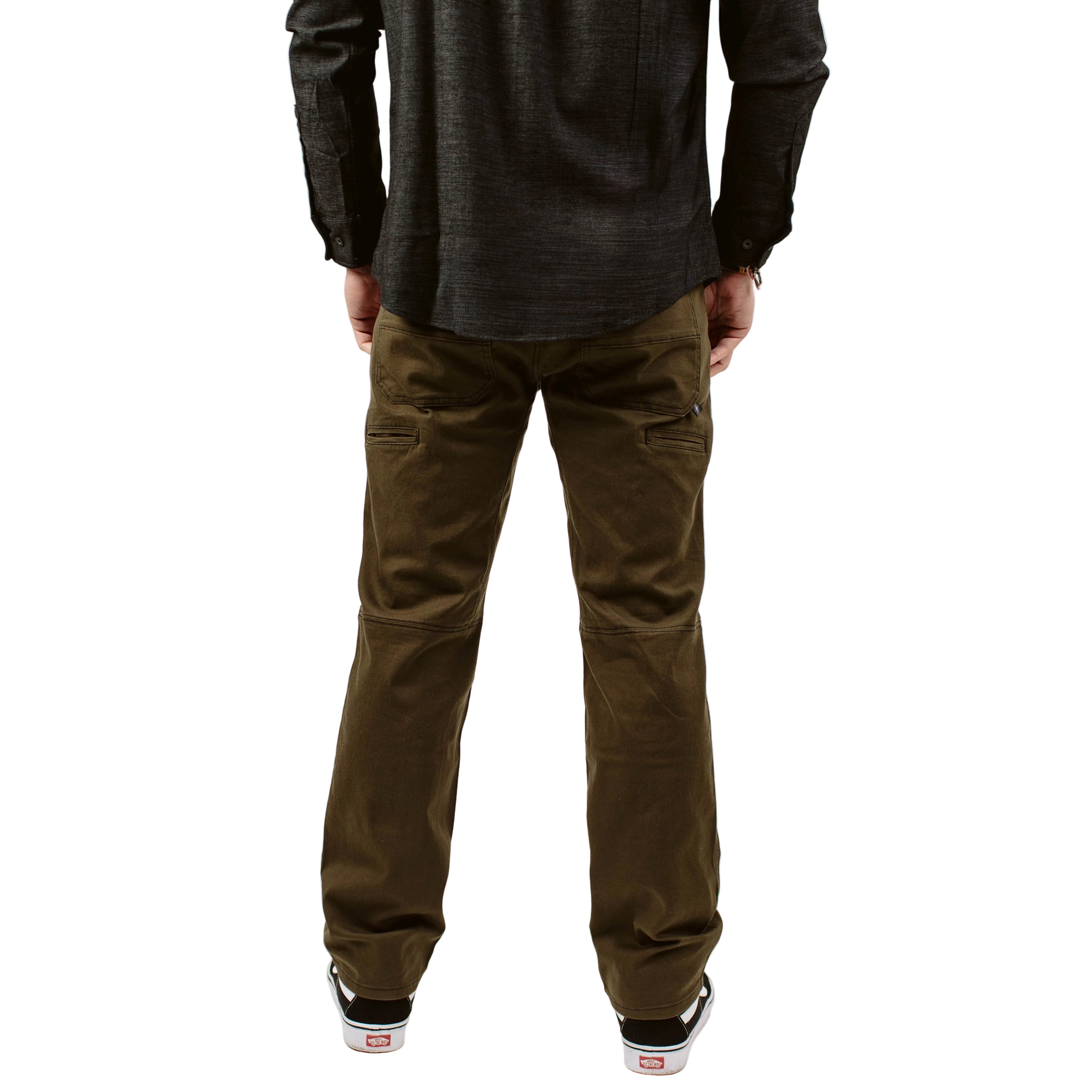 Back product shot of the TD Carlos Ray V3 Tactical Pants in Mountain Brown Regular Fit, showing the redesigned rear pocket layout, reinforced stitching, dyed-to-match back loop patch, and hidden handcuff key pocket inside the waistband. Highlights the relaxed fit, durable 4-way stretch twill fabric, and everyday tactical functionality for users seeking top-performing regular-fit tactical pants.