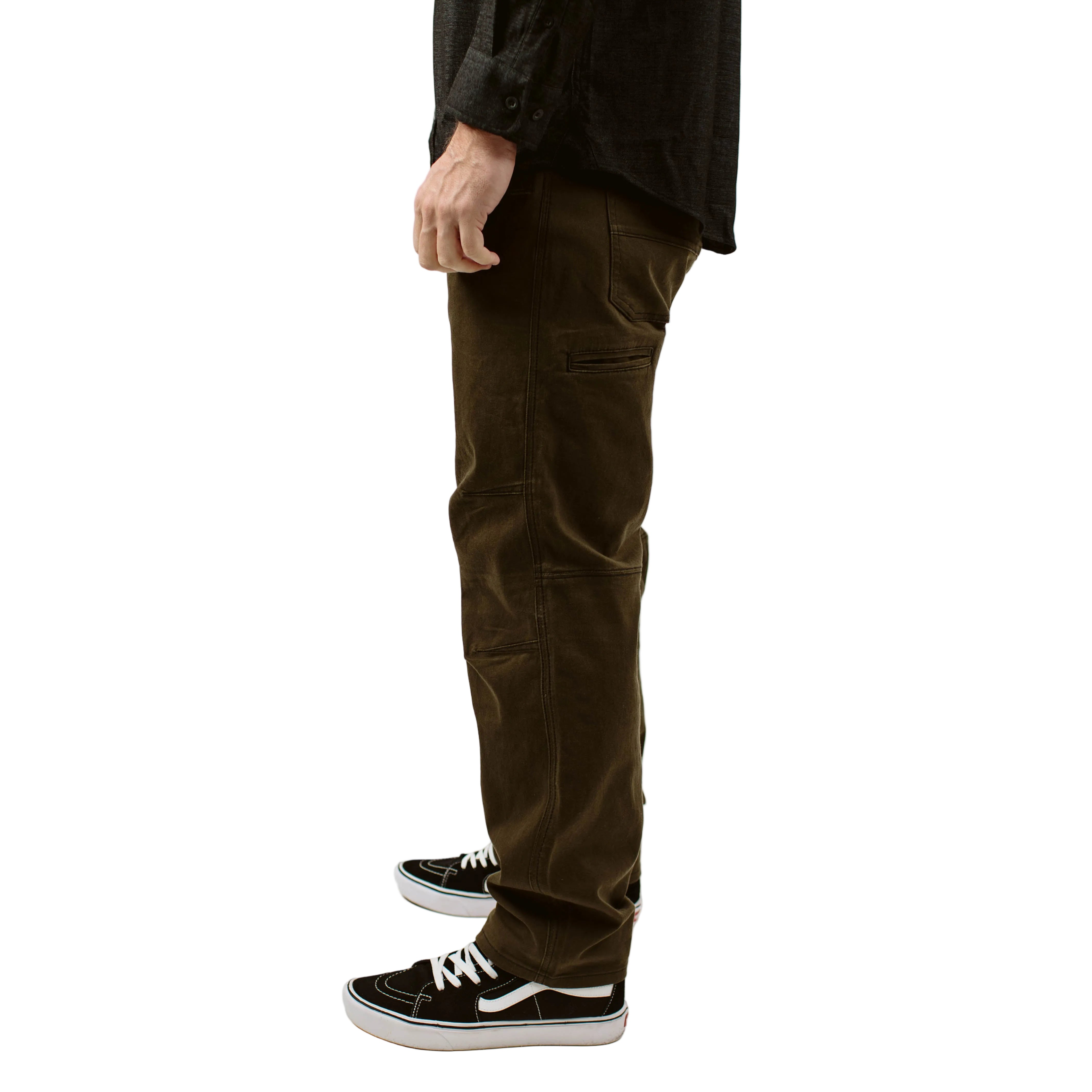 Side product view of the TD Carlos Ray V3 Tactical Pants in Mountain Brown Regular Fit, featuring the slightly relaxed leg silhouette, articulated knees, gusseted crotch, and 4-way stretch twill construction. Shows reinforced pocket openings and low-profile EDC side pockets, ideal for customers seeking durable, comfortable regular-fit tactical pants for range, work, and everyday carry.