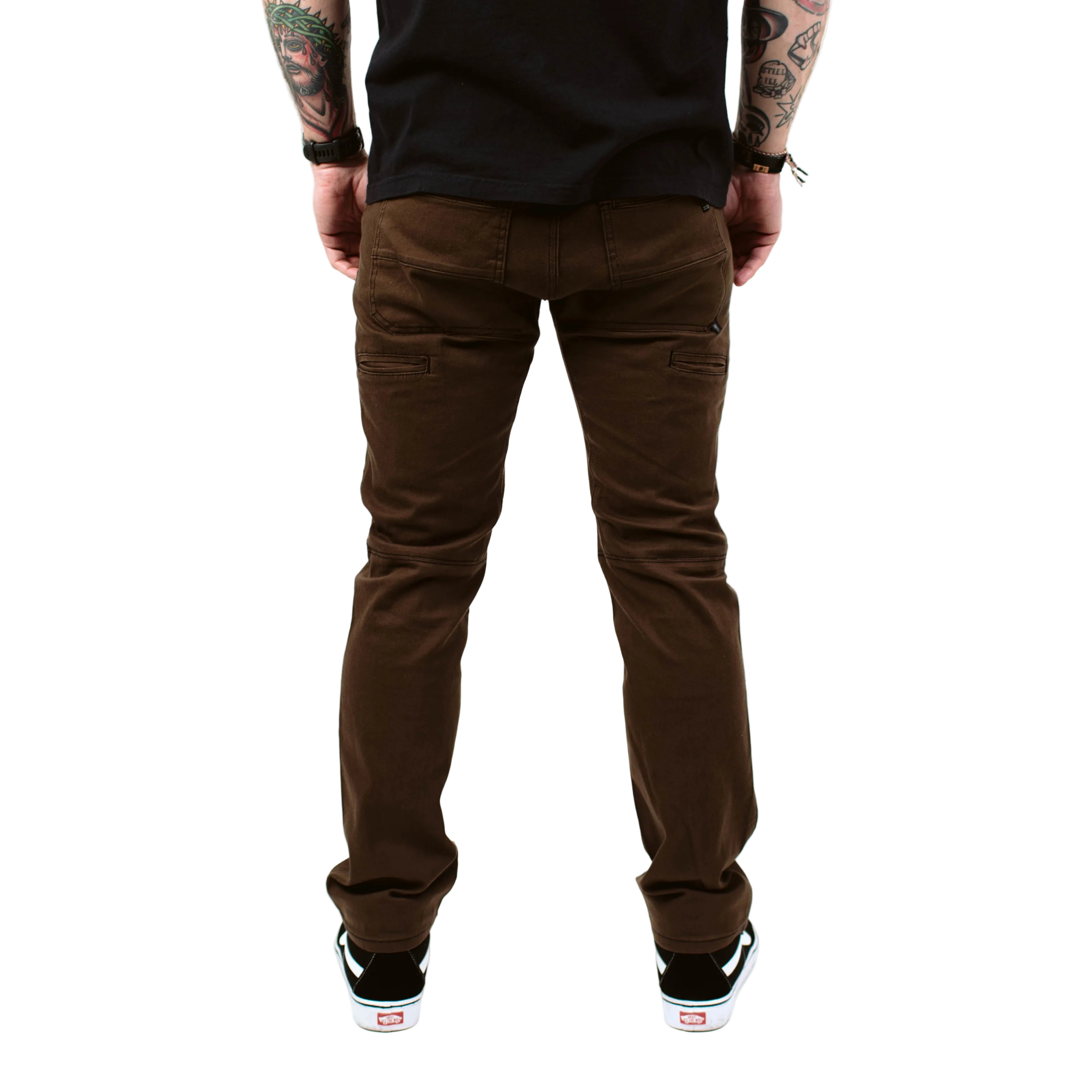 Back product shot of the TD Carlos Ray V3 Tactical Pants in Mountain Brown Slim Fit, showing the streamlined rear pocket layout, reinforced stitching, dyed-to-match loop patch, and hidden handcuff key pocket placement. Highlights the tapered fit, durable 4-way stretch twill, and everyday-ready design for buyers searching for the best slim tactical pants and EDC-focused apparel.