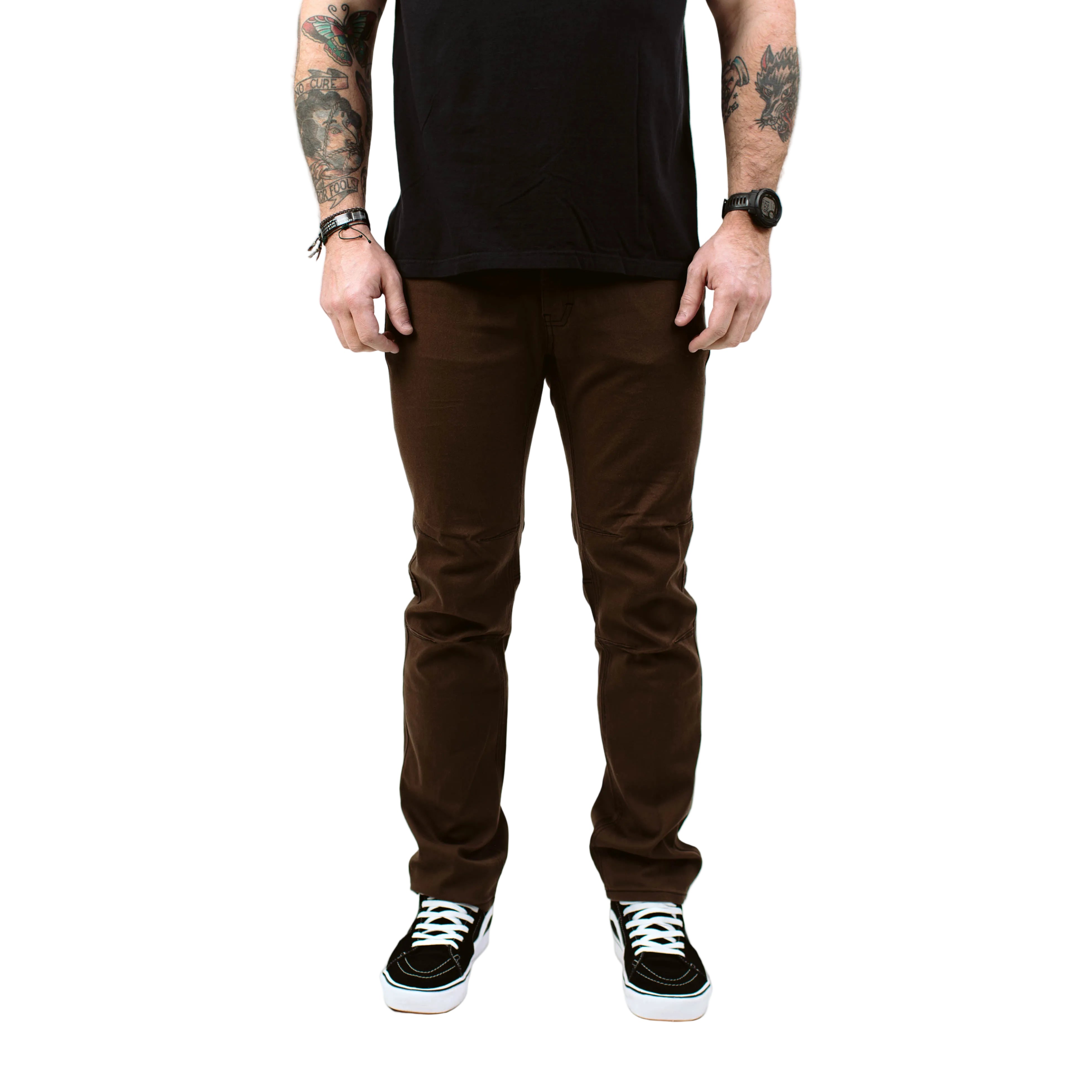 Front product shot of the TD Carlos Ray V3 Tactical Pants in Mountain Brown Slim Fit, showing the tapered leg profile, streamlined front silhouette, and upgraded 4-way stretch twill fabric. Highlights reinforced pocket openings, low-profile EDC side pockets, articulated knees, and gusseted crotch, making them top-ranking slim tactical pants for everyday carry, range days, and work-ready mobility.