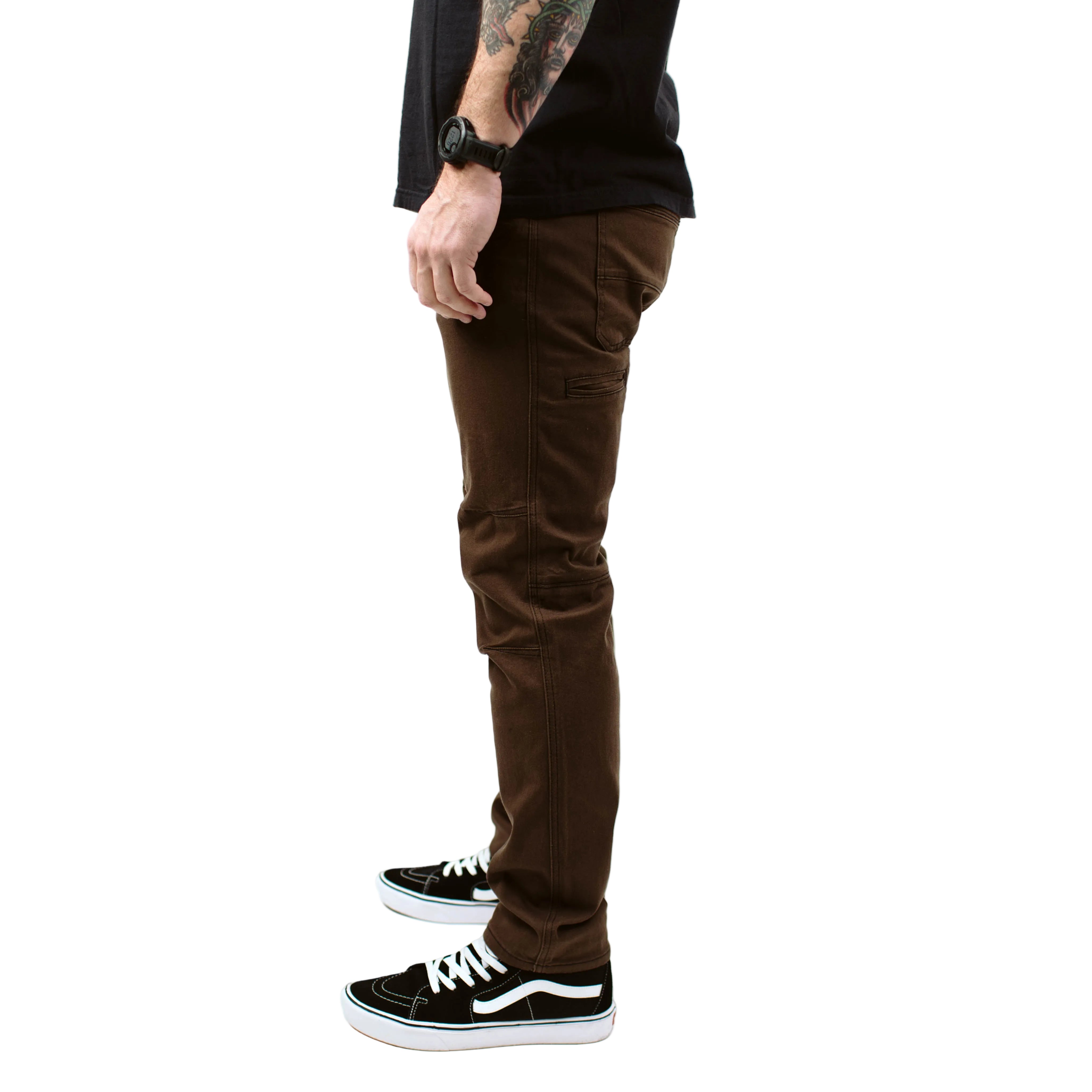 Side product view of the TD Carlos Ray V3 Tactical Pants in Mountain Brown Slim Fit, highlighting the tapered leg shape, articulated knee construction, and 4-way stretch twill for unrestricted movement. Shows reinforced pocket openings, mag/mobile side pocket placement, and the clean low-profile fit ideal for EDC users seeking high-performance slim tactical pants.