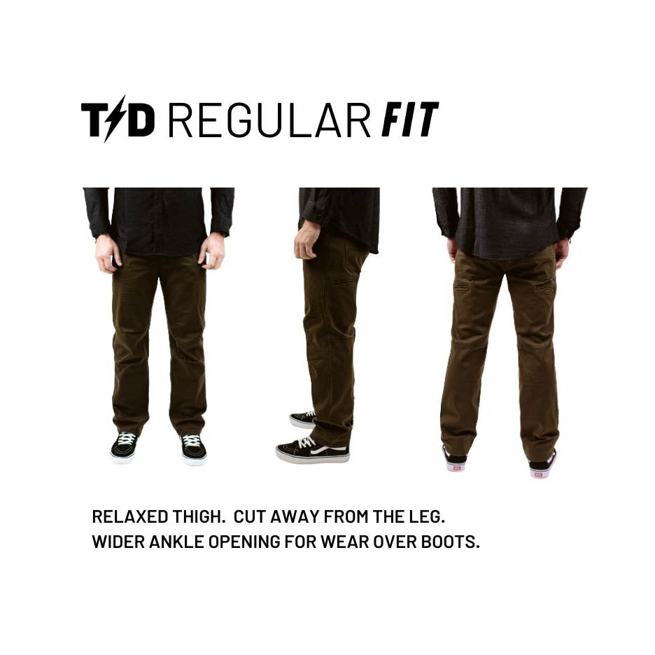 Slide explaining the Regular Fit of the TD Carlos Ray V3 Tactical Pants, showcasing the slightly relaxed leg shape, larger ankle opening, and classic tactical mobility ideal for everyday carry and range use. Highlights the upgraded 4-way stretch twill, articulated knees, gusseted crotch, and reinforced pockets that make these some of the best tactical pants for users who prefer a traditional fit with full EDC functionality.