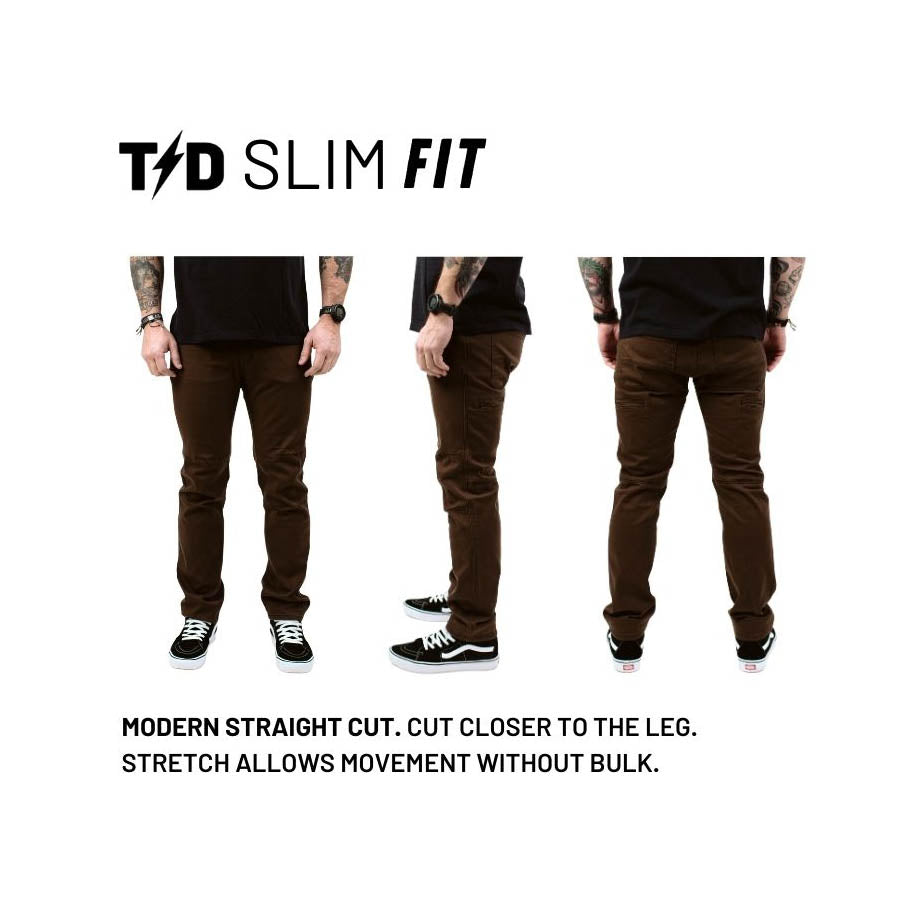 Slide explaining the Slim Fit of the TD Carlos Ray V3 Tactical Pants, showing the tapered leg profile, streamlined thigh cut, and modern silhouette designed for concealed carry, EDC comfort, and all-day mobility. Highlights the updated 4-way stretch twill fabric, articulated knees, reinforced pockets, and gusseted crotch that make these some of the best slim tactical pants for range use, travel, and everyday wear... the best tactical pants.