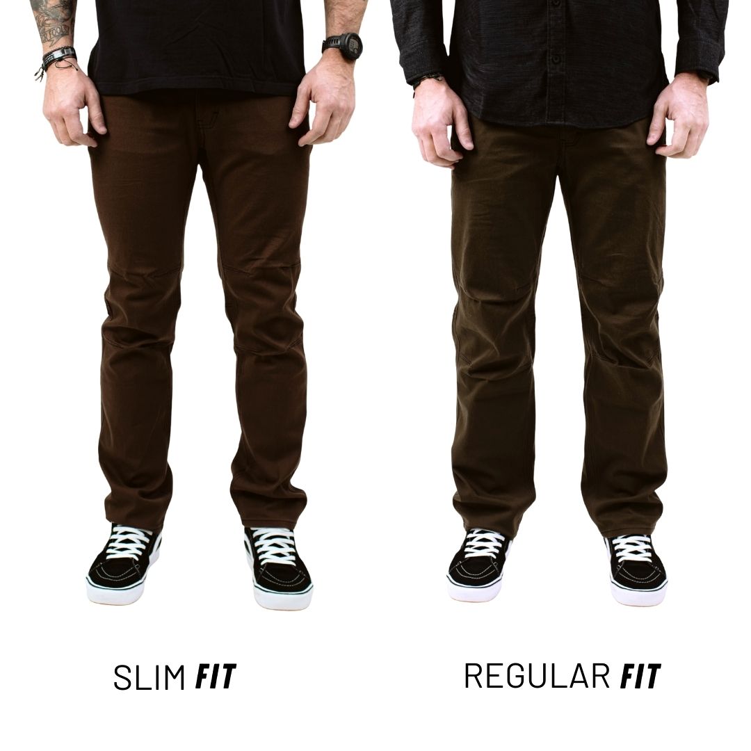 Side-by-side graphic comparing the front view of the TD Carlos Ray V3 Tactical Pants in Slim Fit and Regular Fit, highlighting the tapered versus relaxed leg profiles, updated pocket layout, and 4-way stretch twill construction. Ideal for shoppers researching the best tactical pants and deciding between a modern slim silhouette or a classic regular fit for EDC and range use.