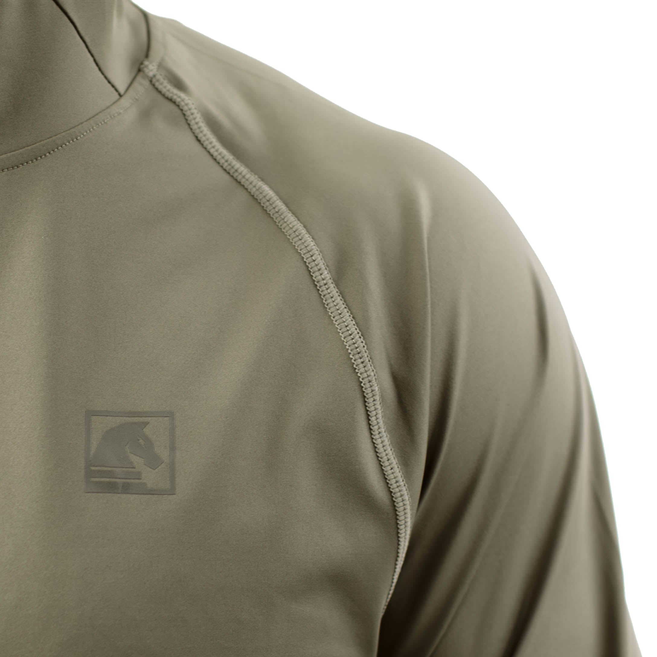 Close up of TD Outdoor Tiger Shark Sun Shirt in Ranger Green showing extended neck coverage and low profile tonal chest branding, lightweight UPF 50 tactical sun hoodie built for high heat range days and outdoor field use