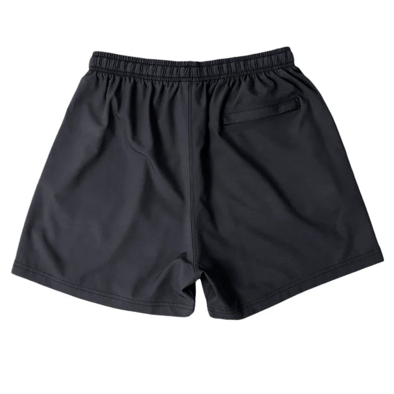 Back view of Cove Black Performance Shorts made from recycled plastic bottles. Featuring a 5" inseam, elastic waistband with drawstring, and zippered back pocket for secure storage. Designed for comfort and mobility, these shorts are made from 90% recycled polyester and 10% spandex, perfect for gym, swim, or lounging.