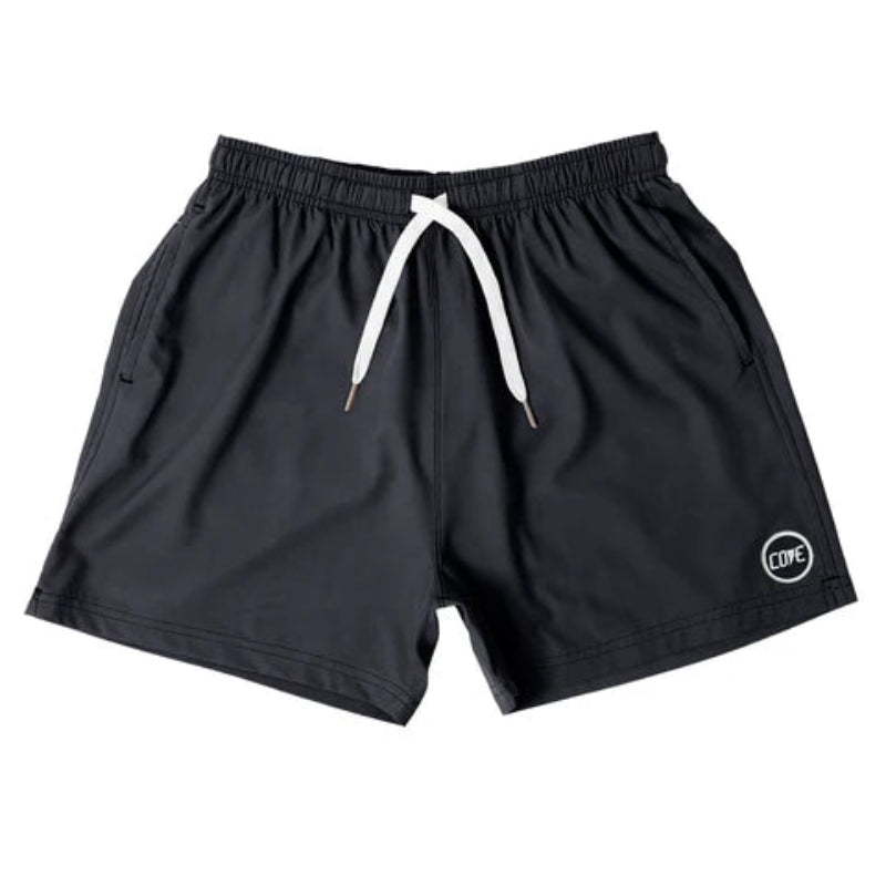 Cove Black Performance Shorts made from recycled plastic bottles, designed for gym, swim, or lounging. Featuring a 5" inseam, elastic waistband with drawstring, and zippered pockets for secure storage. Crafted from 90% recycled polyester and 10% spandex for lightweight comfort and mobility, these shorts fit true to size and are perfect for active lifestyles.