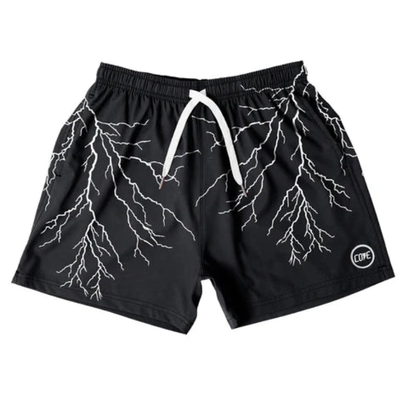 Front view of Cove Black & White Lightning Performance Shorts, featuring a striking lightning pattern. These 5" inseam athletic shorts are made from 90% recycled polyester and 10% spandex for a stretchy, lightweight fit. With an elastic waistband, drawstring, and zippered pockets, they’re perfect for high-energy activities, gym sessions, and casual lounging.