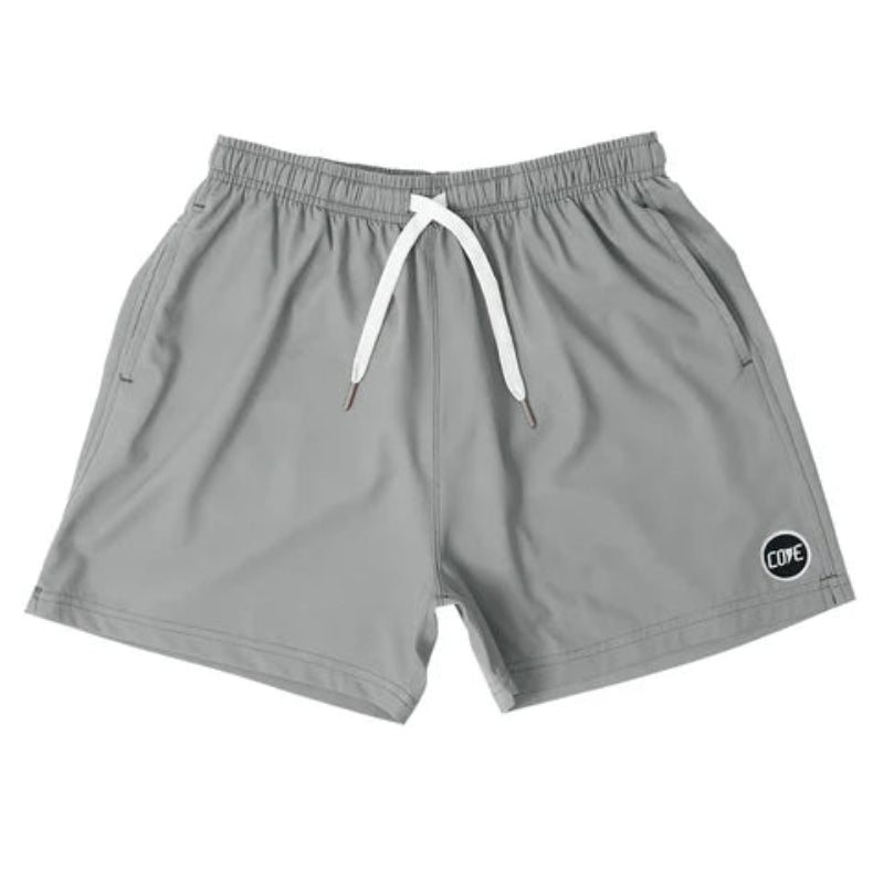 Front view of Cove Charcoal Grey Performance Shorts made from recycled plastic bottles. These 5" inseam athletic shorts feature an elastic waistband with drawstring and zippered side pockets for secure storage. Made with 90% recycled polyester and 10% spandex, they offer comfort and mobility for gym, swim, or lounging.