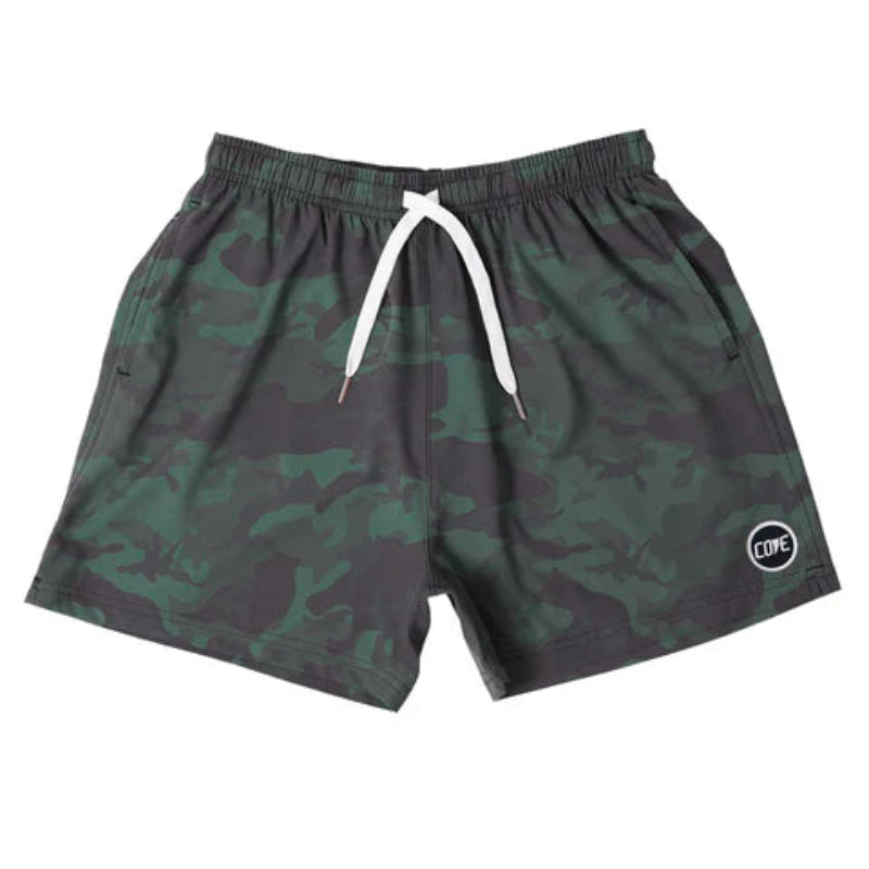 Front view of Cove Green Camo Athletic Shorts made from recycled plastic bottles. These 5" inseam performance shorts feature an elastic waistband with drawstring and zippered side pockets for secure storage. Made from 90% recycled polyester and 10% spandex, they offer comfort and mobility for gym, swim, or lounging.