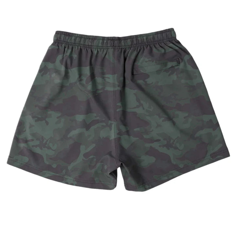 Back view of Cove Green Camo Athletic Shorts made from recycled plastic bottles. Featuring a 5" inseam, elastic waistband with drawstring, and a zippered back pocket for secure storage. Crafted with 90% recycled polyester and 10% spandex, these shorts offer comfort and mobility for gym, swim, or lounging.