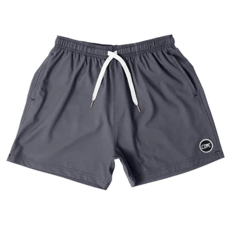 Front view of Cove Grey Gunmetal Performance Shorts made from recycled plastic bottles. Featuring a 5" inseam, elastic waistband with drawstring, and zippered side pockets, these shorts offer comfort, mobility, and secure storage. Made with 90% recycled polyester and 10% spandex, they’re perfect for the gym, swim, or lounging.