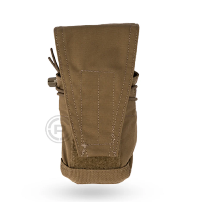 Crye Precision 5.56/7.62/MBITR Pouch in Coyote brown mounted on chest rig showing adjustable retention system for rifle mags and radios