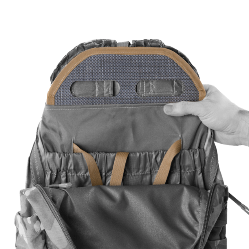 Interior view of Crye Precision AVS 1000 Pack showing removable internal frame sheet and structural backer panel, designed to support ballistic plates and maintain pack structure when mounted to Crye AVS or JPC plate carrier systems