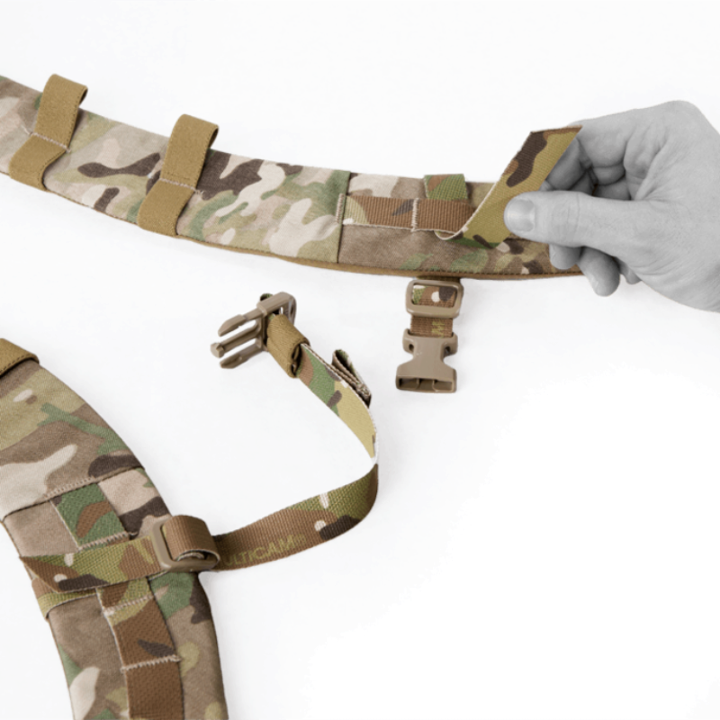 Close up detail of Crye Precision AVS 1000 Pack shoulder straps and adjustable sternum strap, showing padded harness system and modular backpack configuration compatible with Crye AVS and JPC plate carrier platforms for mission ready tactical carry