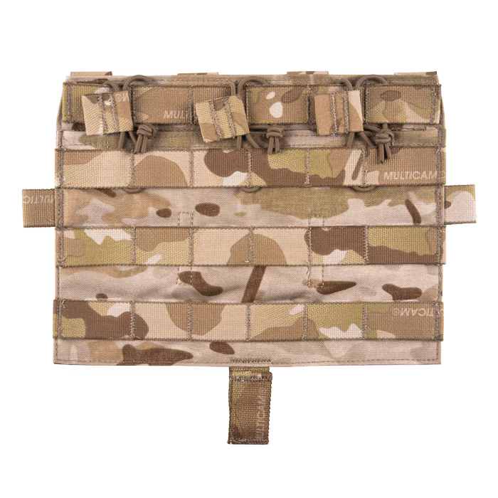 Crye Precision AVS Detachable Flap M4 Flat in Multicam Arid low profile plate carrier mag placard holding three 5.56 rifle magazines with adjustable shock cord retention, designed for Crye AVS and JPC tactical combat and desert environment loadouts