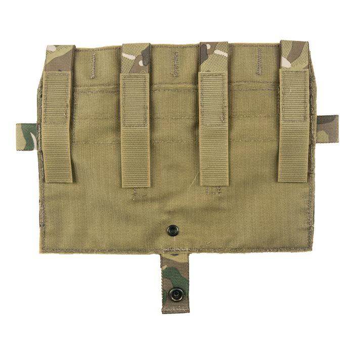 Rear view of Crye Precision AVS Detachable Flap M4 Flat in Multicam showing hook backing and attachment interface for direct mounting to Crye AVS and JPC plate carriers, low profile three magazine placard for streamlined tactical combat setups