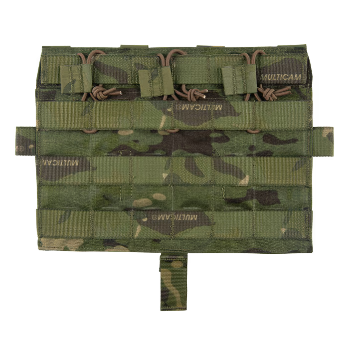 Crye Precision AVS Detachable Flap M4 Flat in Multicam Tropic low profile plate carrier mag placard designed to hold three 5.56 rifle magazines with adjustable shock cord retention, compatible with Crye AVS and JPC tactical combat and jungle environment loadouts