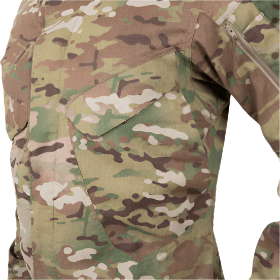 Close-up of the articulated sleeve construction on the Crye Precision FR Field Shirt in Multicam designed for improved mobility.