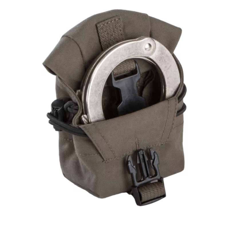 Crye Precision Frag Pouch configured as handcuff pouch mounted on tactical belt showing adjustable retention and one handed access