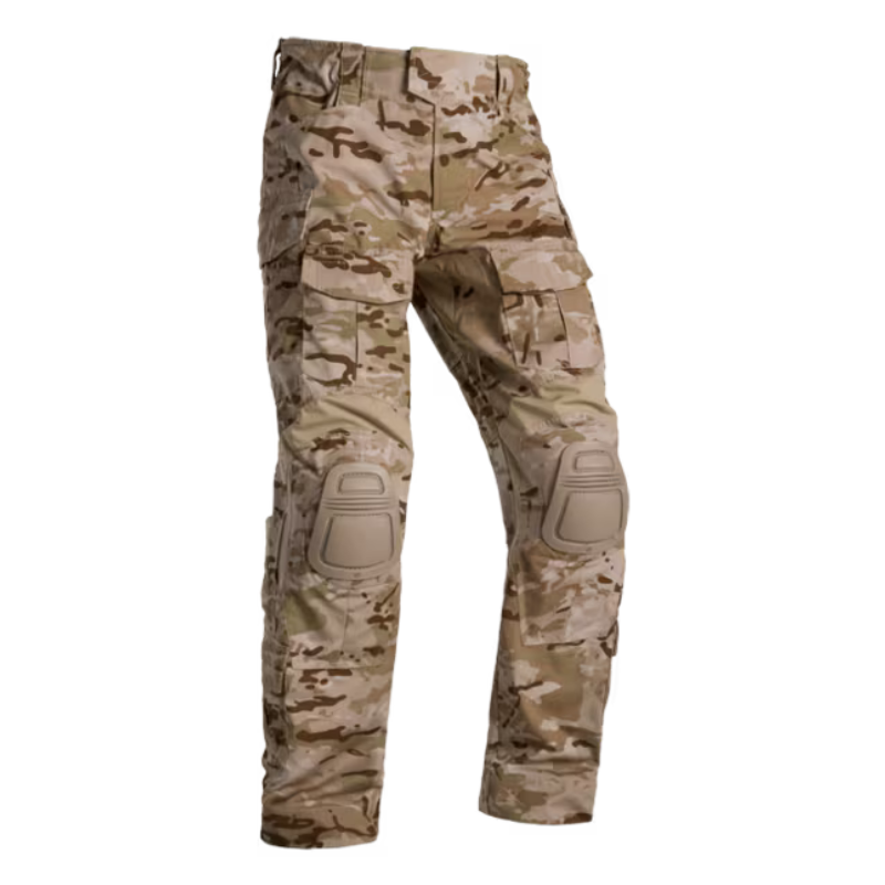 Product shot of the Crye Precision G3 Combat Pants in Multicam Arid showing the NYCO ripstop construction, stretch mobility panels, and combat ready design compatible with AIRFLEX knee pads.