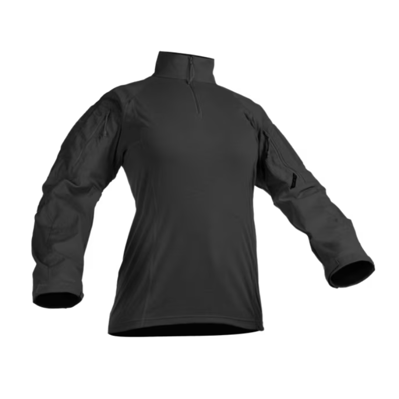 A women's long-sleeve tactical combat shirt featuring a black torso and black sleeves, shown on a plain white background.