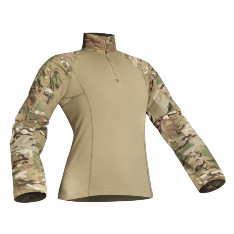 A women's long-sleeve tactical combat shirt featuring a solid tan torso and multicam camouflage sleeves, shown on a plain white background.
