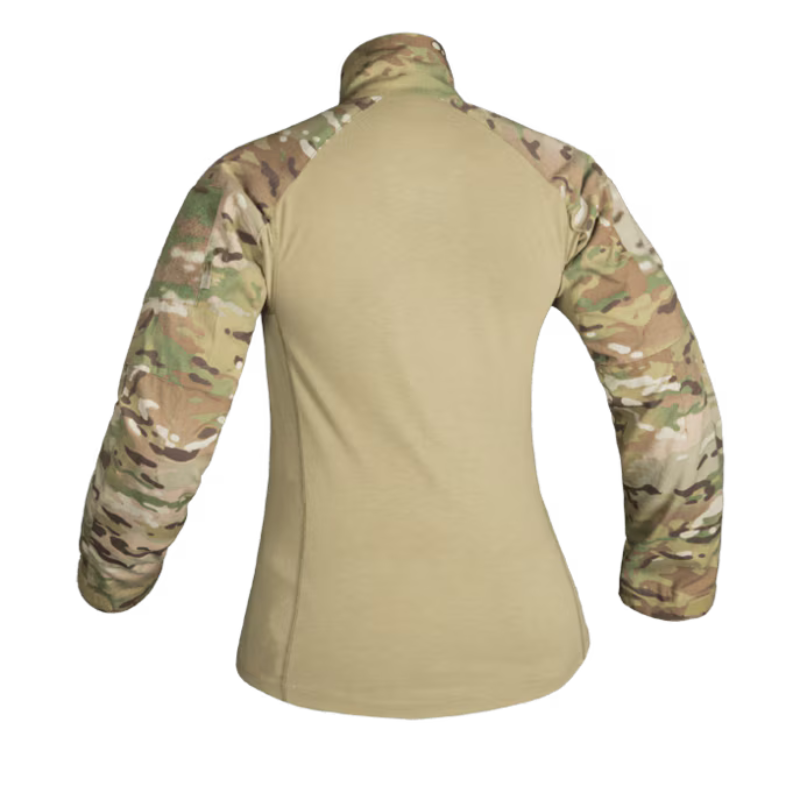 A women's long-sleeve tactical shirt shown from the back, featuring a solid tan body and multicam camouflage sleeves.